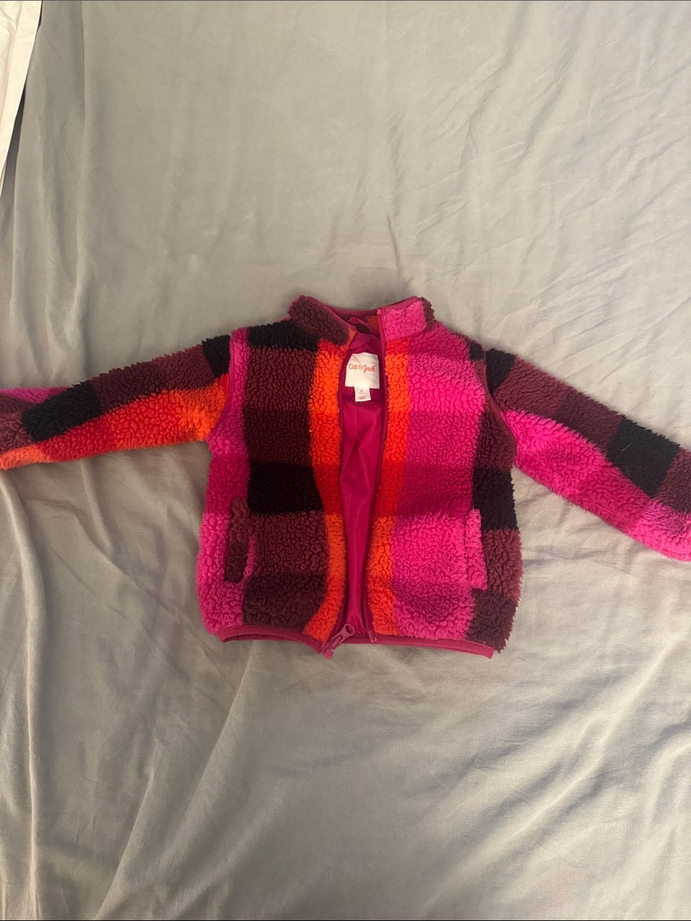 Cat & Jack Fuzzy Plaid Zip-Up Jacket in Pink, Orange & Dark Magenta - Picture 1 of 3